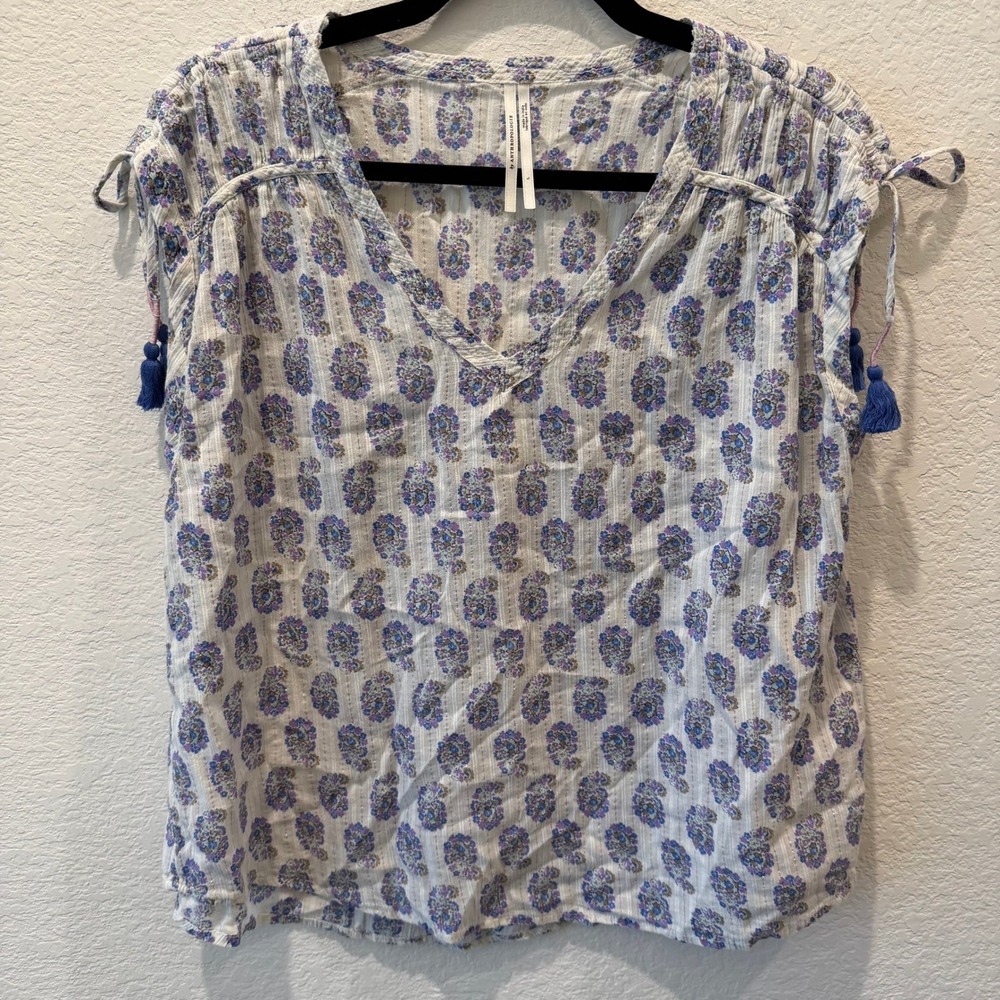 Anthropologie Boho Floral Tassel Sleeve V-Neck Blouse Purple Blue Large